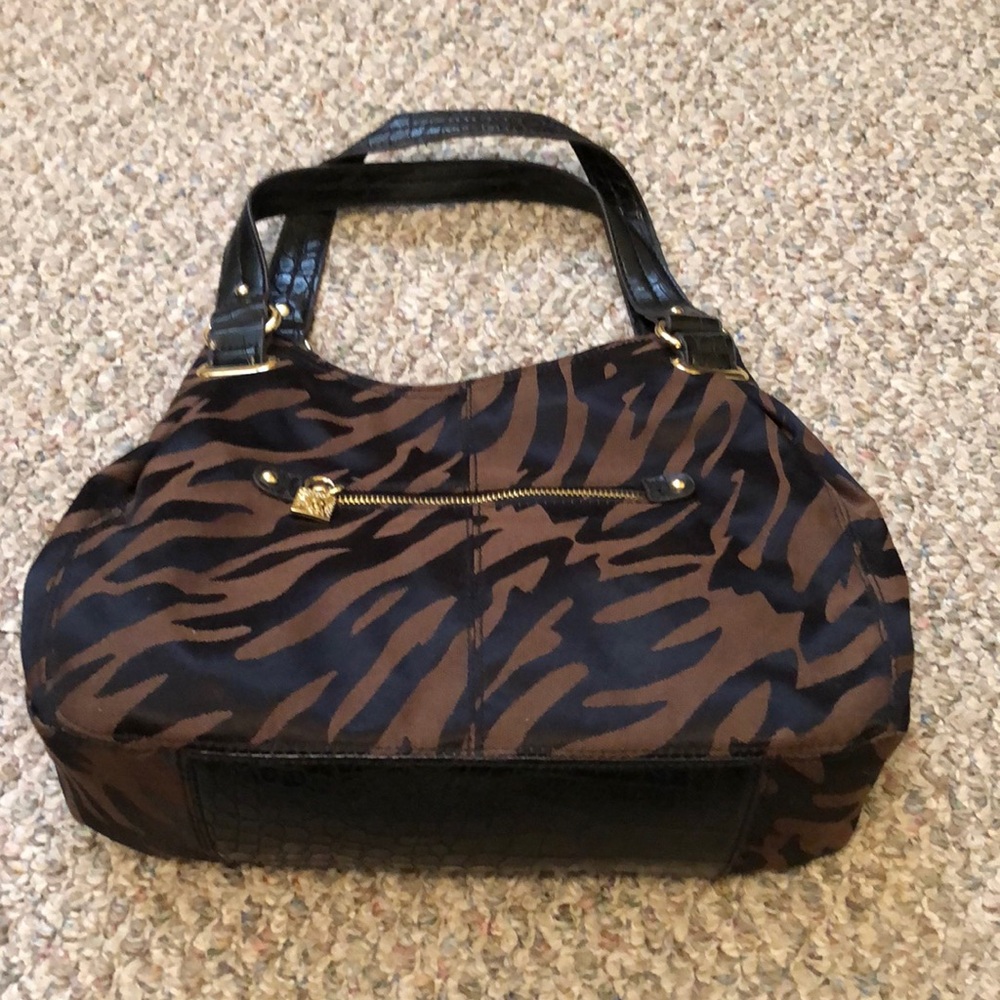 Anne Klein tan black animal print canvas shoulder bag purse 3 compartment